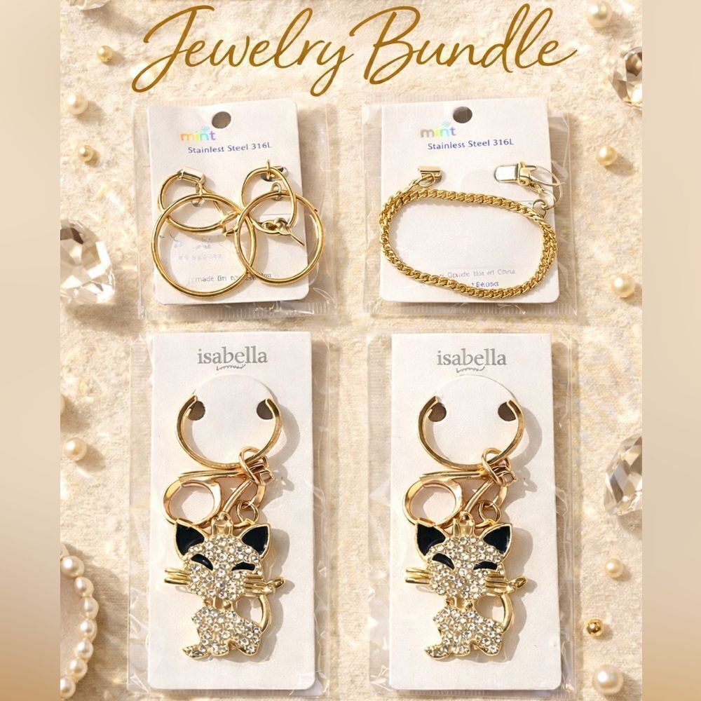 Gold Jewelry Bundle: Hoop Earrings, Bracelet, Cat Rhinestone Bag Charm/Keychain